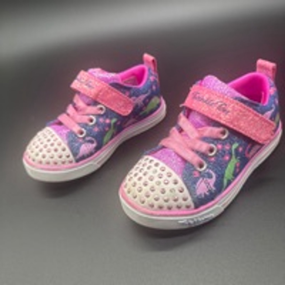 SKETCHERS Twinkle Toes Sneakers Size 8C Blue Pink Dinosaur - Picture 3 of 8